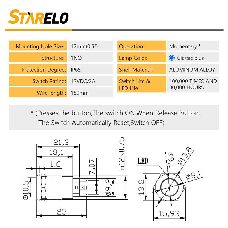 STARELO 5pcs 12mm Momentary led Push Button Switch Black Shell with pre-Wiring, IP65 Waterproof Push Button Switch,1NO 1 Normally,Self-resetting with LED(Blue). - Image 2